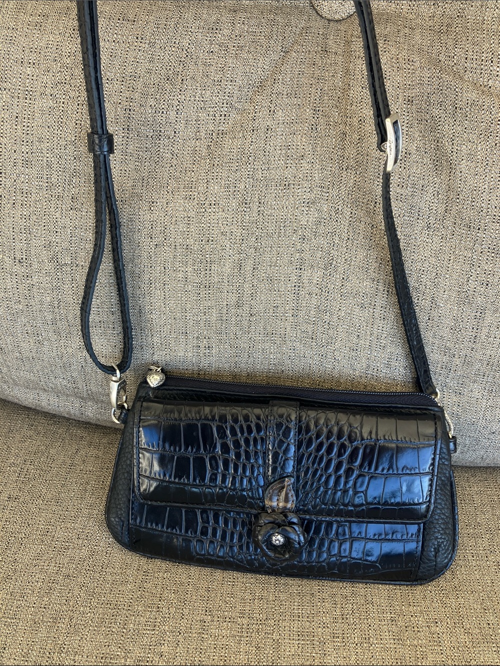 Brighton Black Croc-Embossed Leather Crossbody with Flower Accent